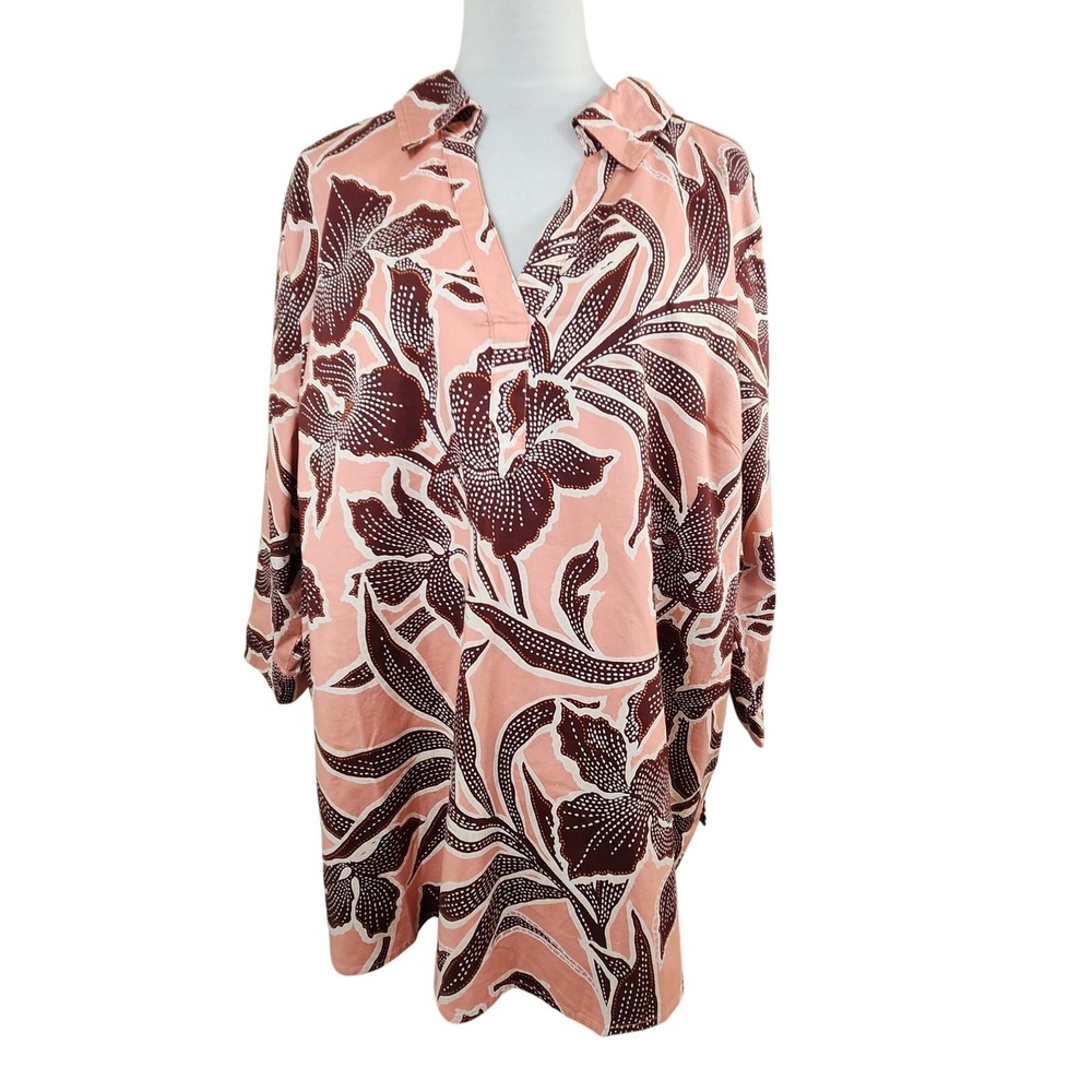 Denim &‎ Co Popover Tunic Top Womens 3X Pink Brown Floral Print V-Neck Shirt